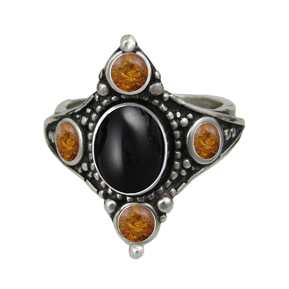 Sterling Silver Renaissance Queen's Ring With Black Onyx And Amber Size 8 Sterling Silver Renaissance Queen's Ring With Black Onyx And Amber Size 8